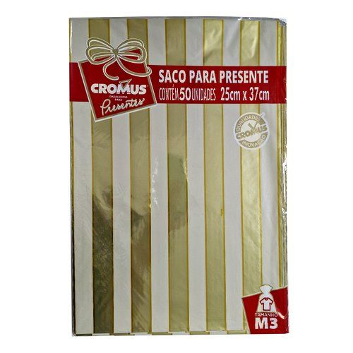 Saco P/Presente 20x29cm Lista Marfim/Ouro...