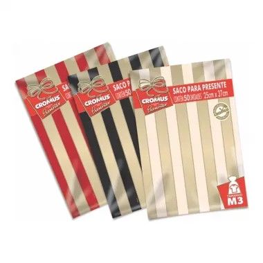 Saco P/Presente 20x29cm Lista Marfim/Ouro...